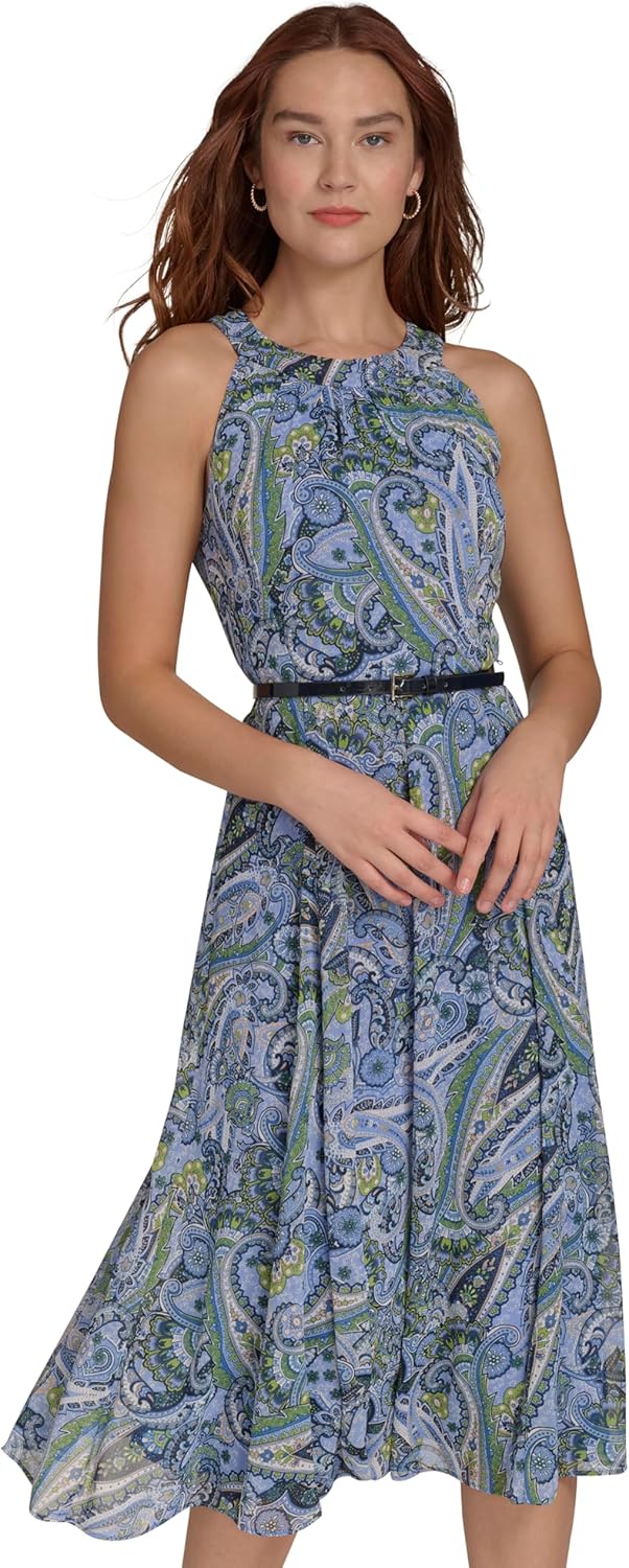 

Женское платье миди Tommy Hilfiger без рукавов с халтер-бретелькой и расклешенным лифом, French Blue Multi
