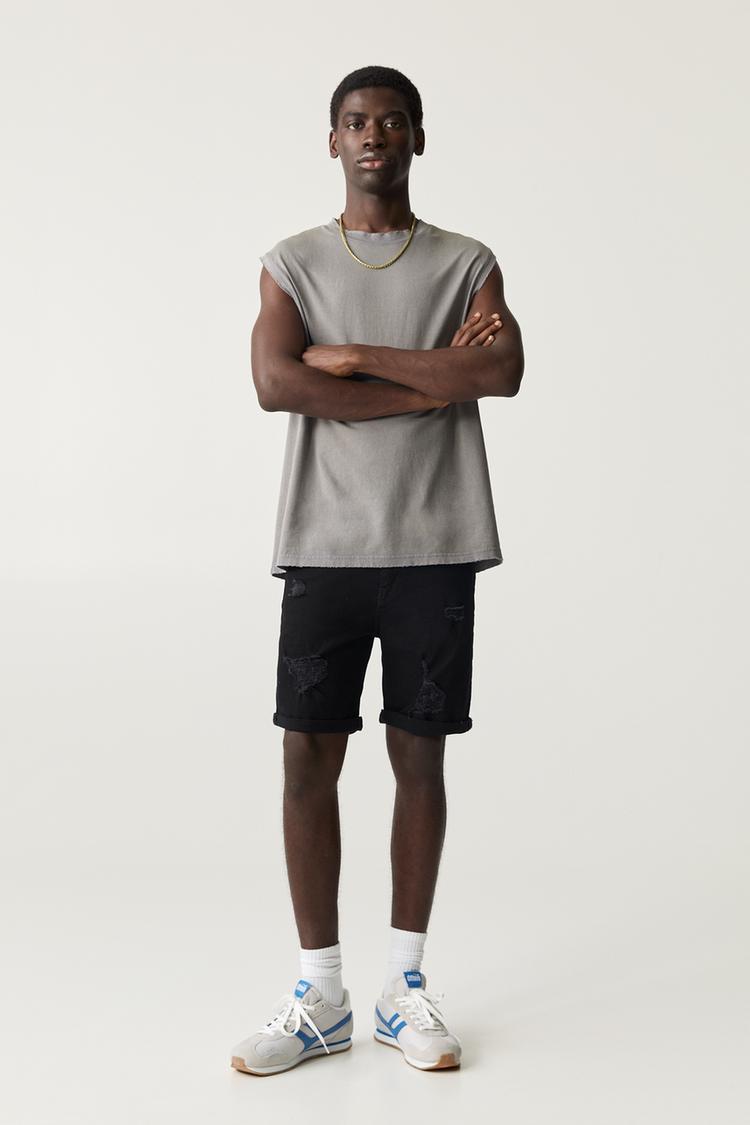 

Шорты-Бермуды из рваного денима Pull And Bear, черный