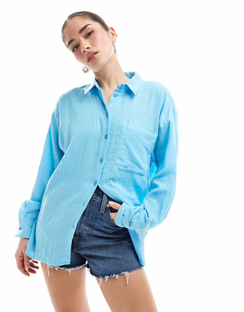 

Рубашка свободного кроя из фактурного хлопка ASOS DESIGN синего цвета