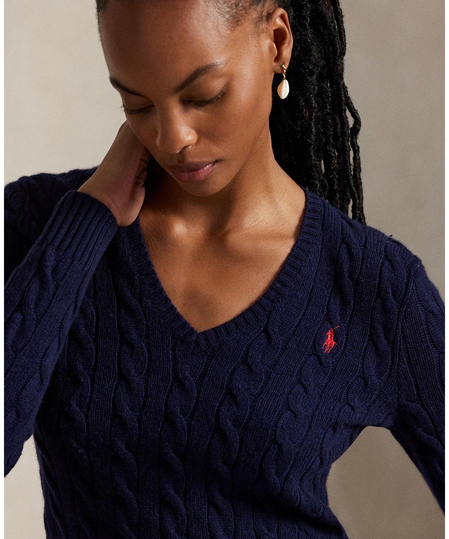 Женский свитер с V-образным вырезом из шерсти и кашемира с косами Polo Ralph Lauren, Hunter Navy — фото 4