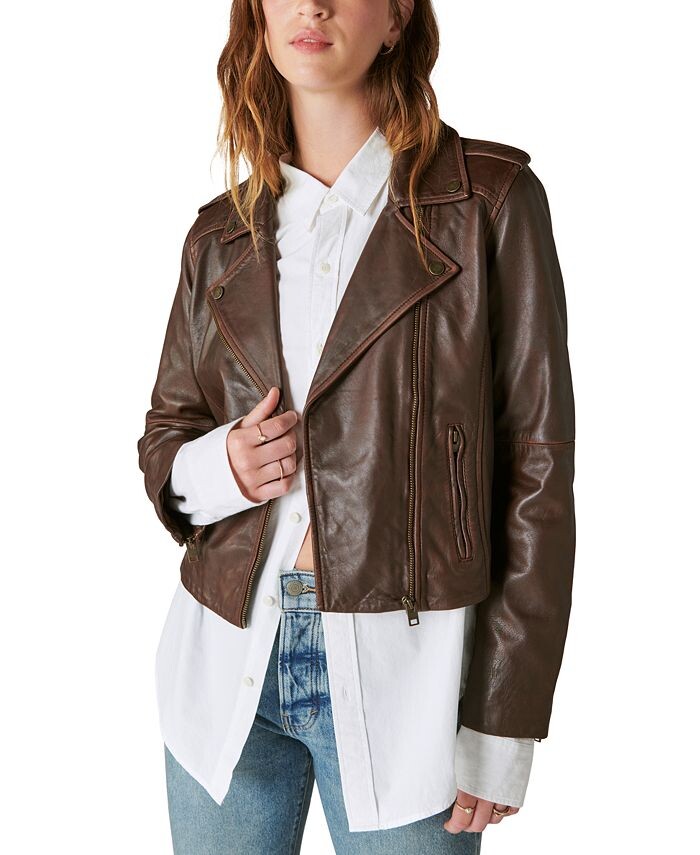 

Женская классическая кожаная мотокуртка Lucky Brand, коричневый