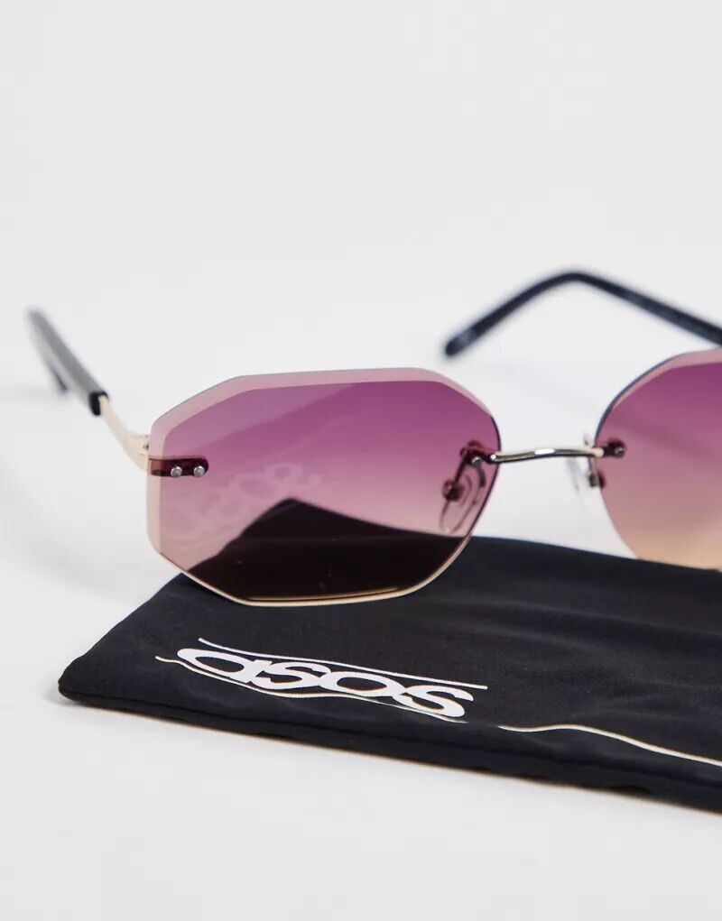 Солнцезащитные очки без оправы в стиле ретро 90-х ASOS фиолетового цвета с эффектом омбре — фото 4
