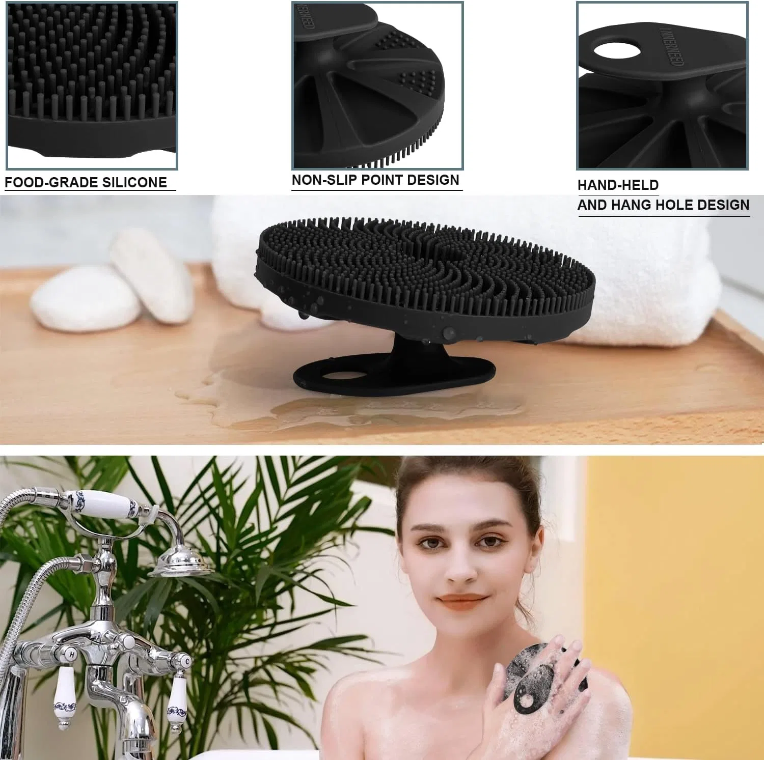 Силиконовая мочалка для тела INNERNEED для отшелушивания и массажа Innerneed, Set - Black + Grey — фото 3