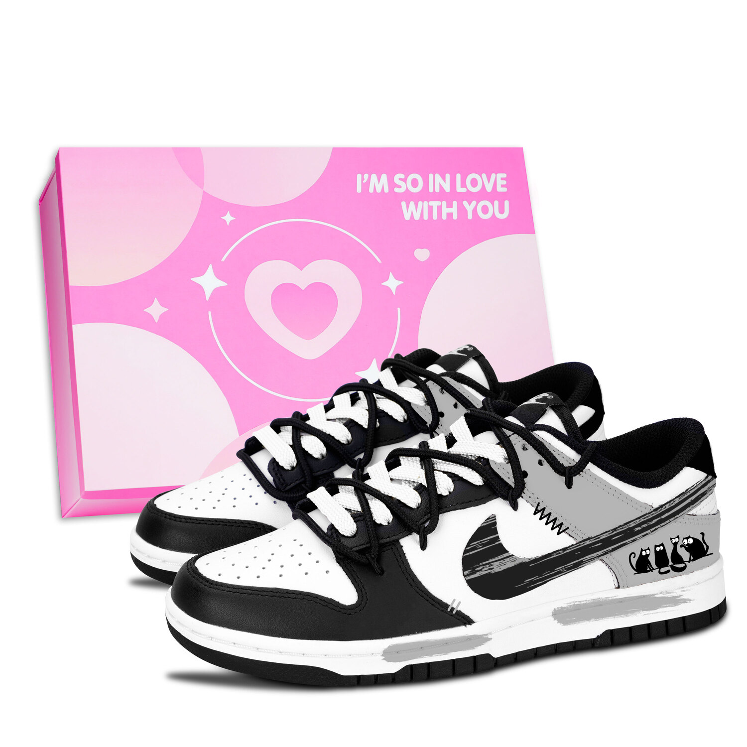 

Nike Dunk Black White, Cats' Ink Fun - износостойкие низкие скейтбордные кроссовки унисекс серого цвета