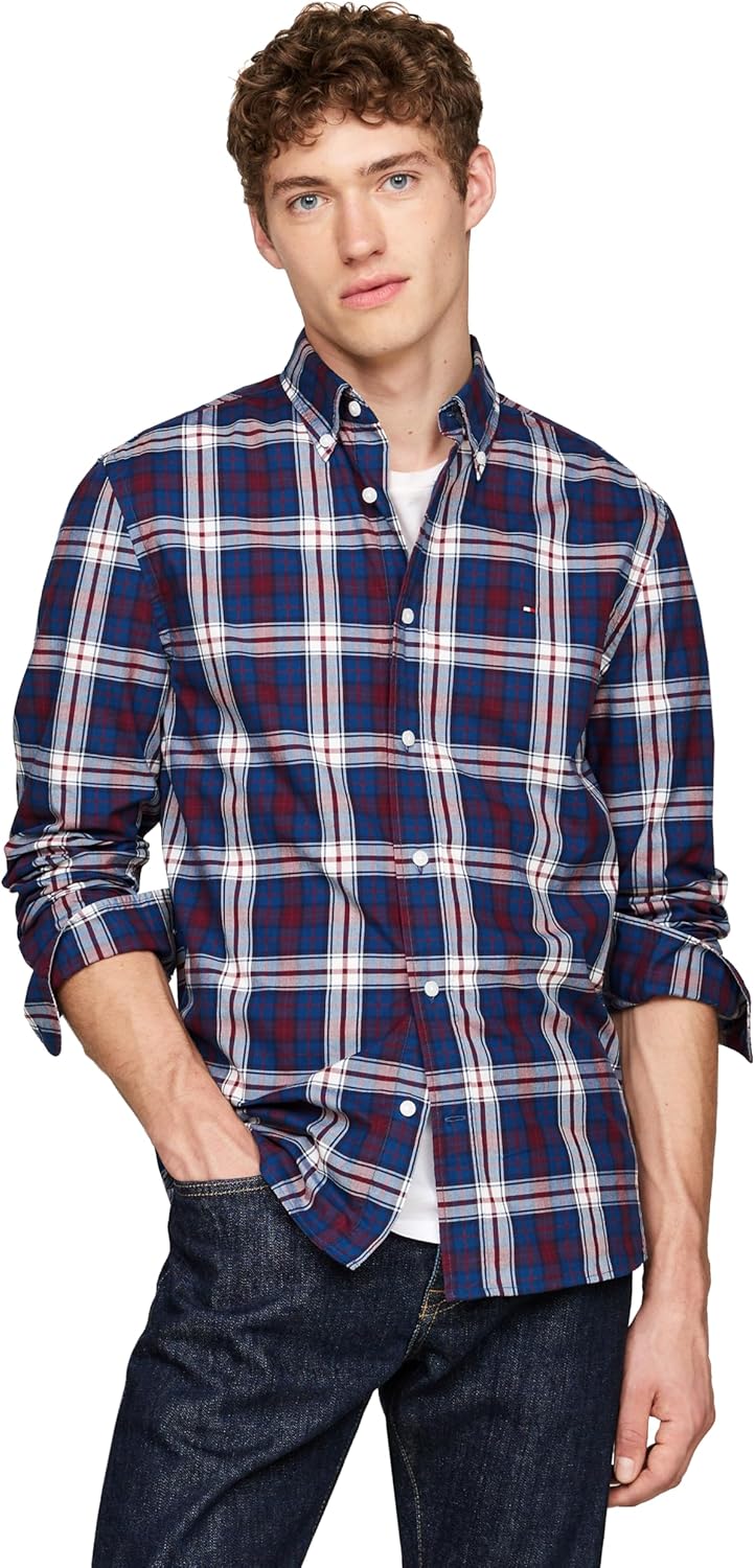 Мужские рубашки Tommy Hilfiger Poplin с длинным рукавом, классического кроя, застегивающиеся на пуговицы, также доступны в размерах для больших и высоких размеров., Deep Indigo / Rouge Check