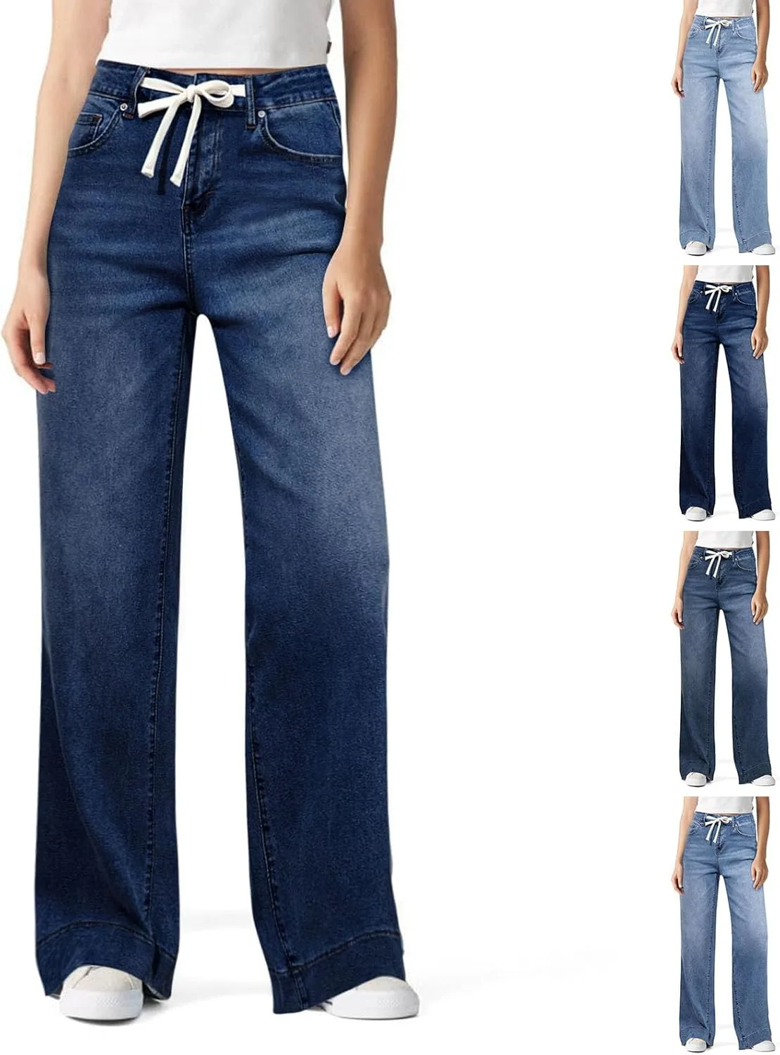 

Прямые джинсы для женщин с эластичным поясом и завязками