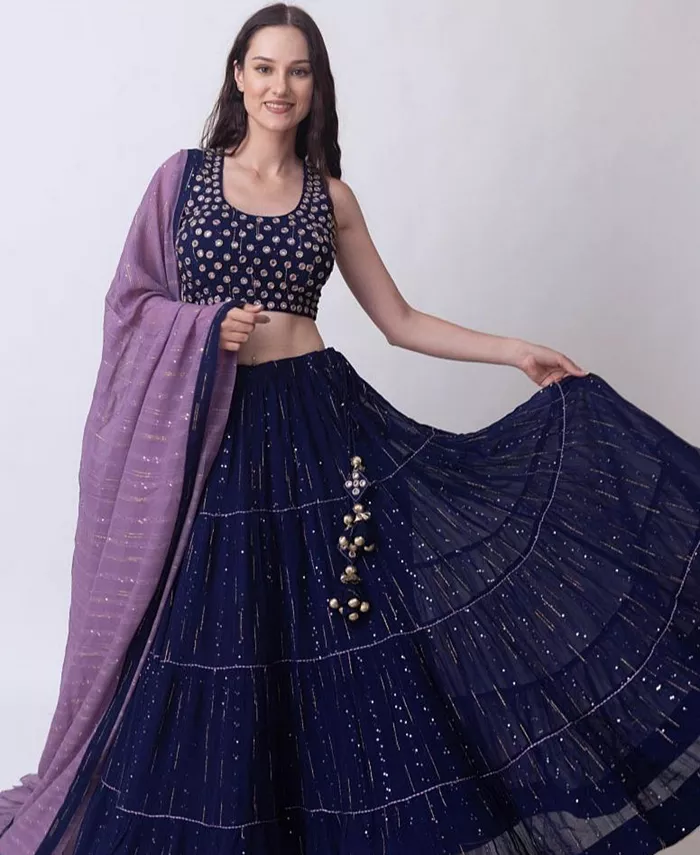 

Женский комплект чоли Lehenga темно-синего цвета с многослойной юбкой и блузкой с зеркальным узором RAAS, синий
