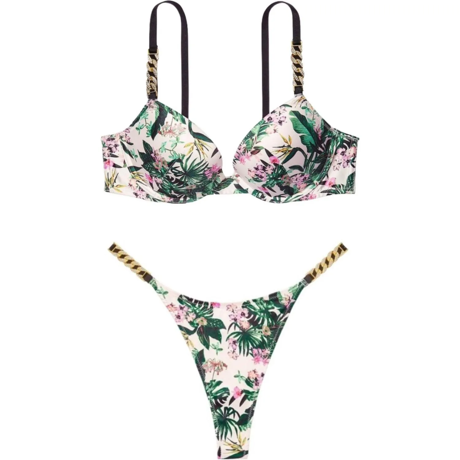 Женский комплект белья с принтом пальмы Victoria's Secret, Set (Black Print)