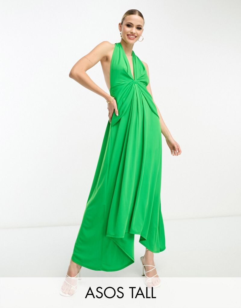 

Зеленое платье миди с глубоким вырезом и поясом ASOS DESIGN Tall