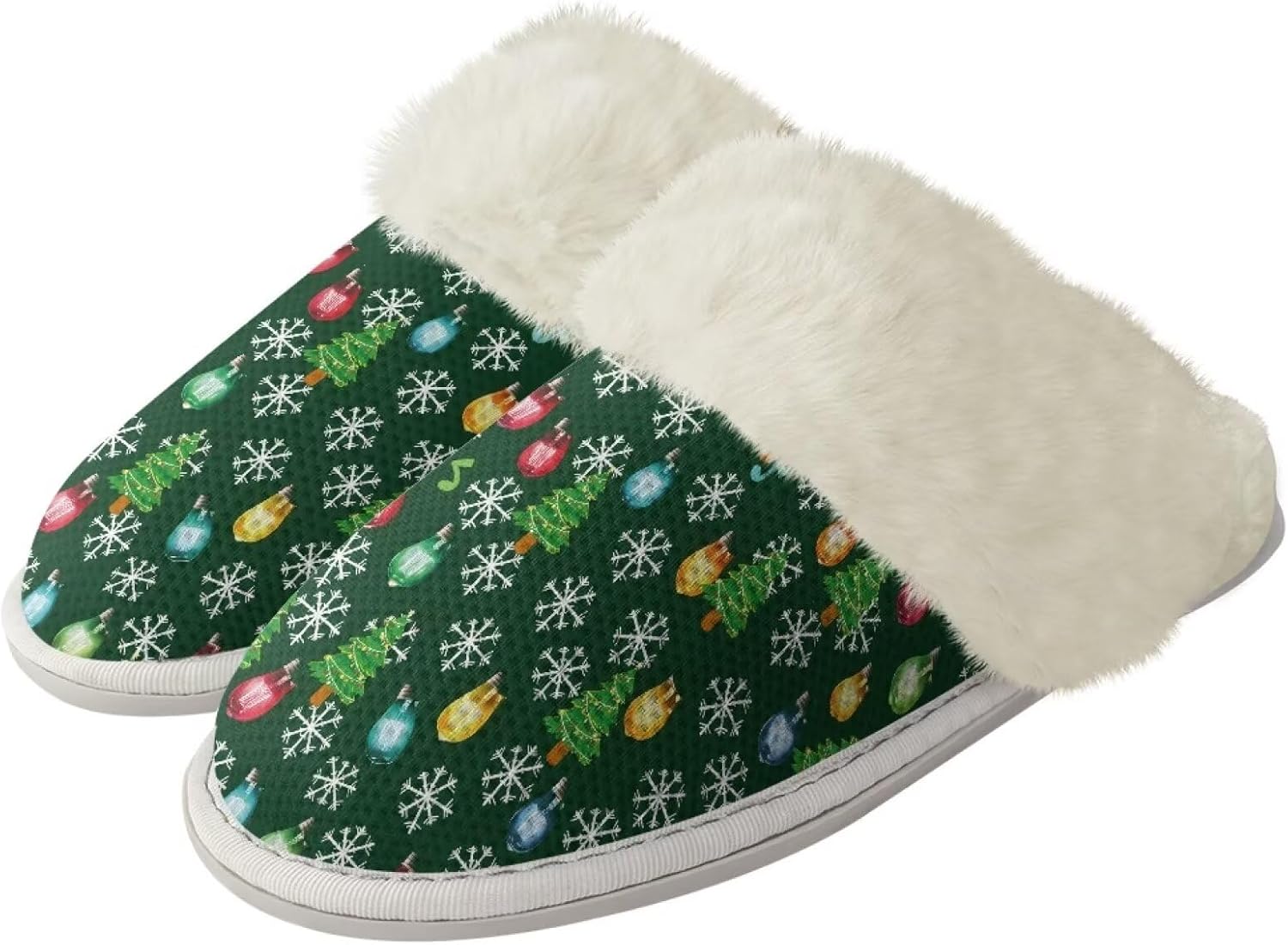 

Тапочки Srengjodk из фланелевой хлопковой ткани с меховой окантовкой, домашние тапочки без задника, тапочки для женщин и мужчин, размер 36-47, Funny Christmas Tree Print