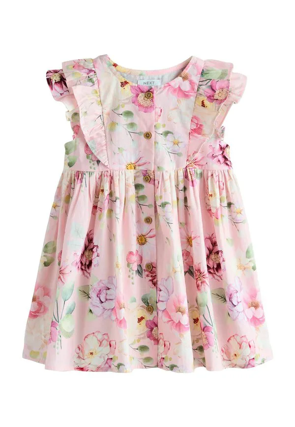 Платье повседневное, прямого кроя, с двойными оборками на рукавах. Next, Pink Floral