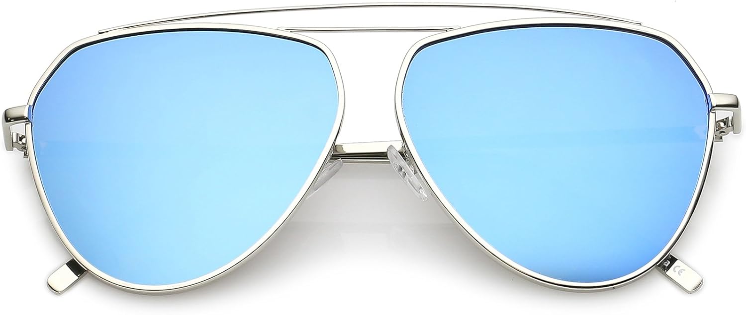 

zeroUV - Солнцезащитные очки-авиаторы большого размера с изогнутой металлической перекладиной, цветными зеркальными плоскими линзами, диаметр линз 59 мм, Silver / Blue Mirror