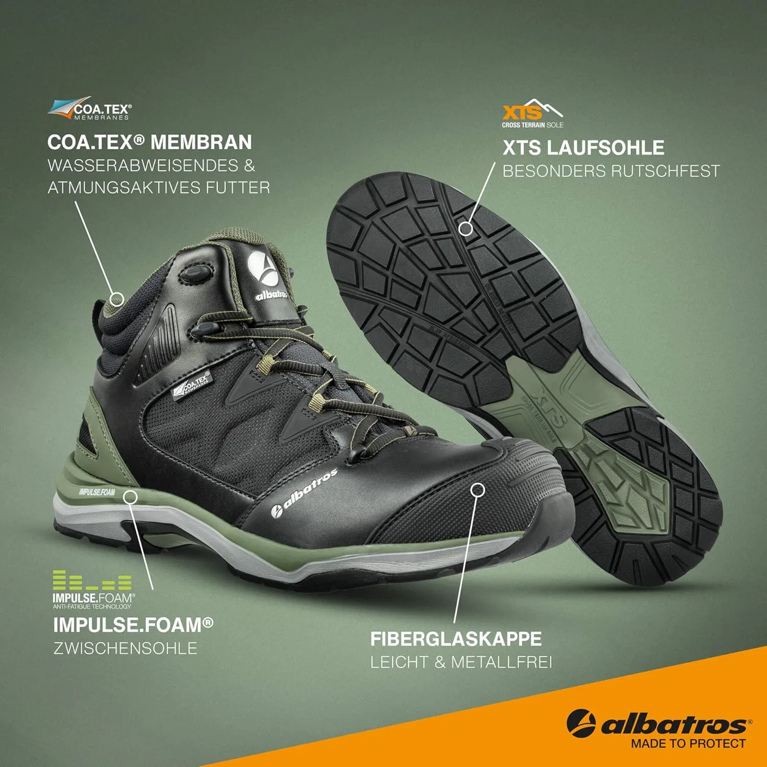 ALBATROS ULTRATRAIL Оливковые рабочие ботинки CTX MID, защитная обувь, защита от электростатического разряда S3 ESD HRO SRC, защита от проникновения электростатического разряда, нескользящая поверхность, термостойкие, без металла, веганские, уни... — фото 4