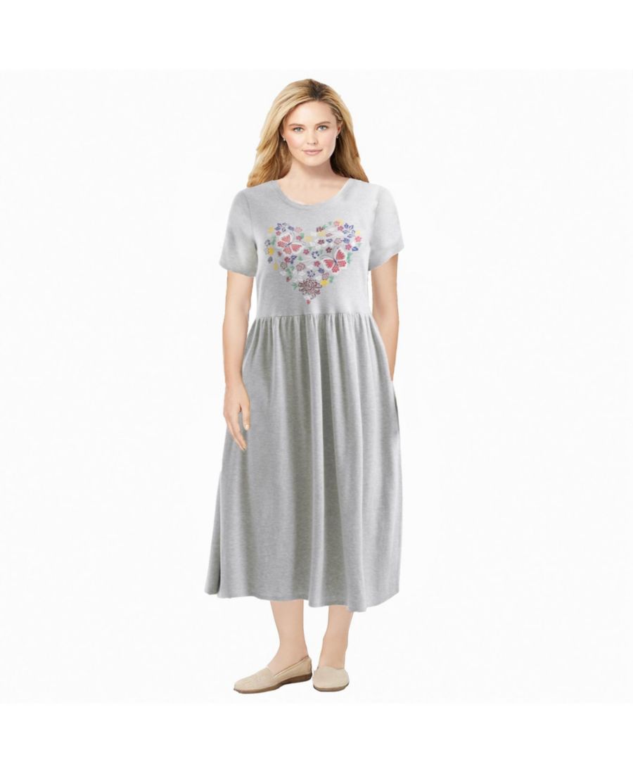 

Платье большого размера с короткими рукавами, вырезом-лодочкой и завышенной талией Woman Within, Heather grey butterfly heart