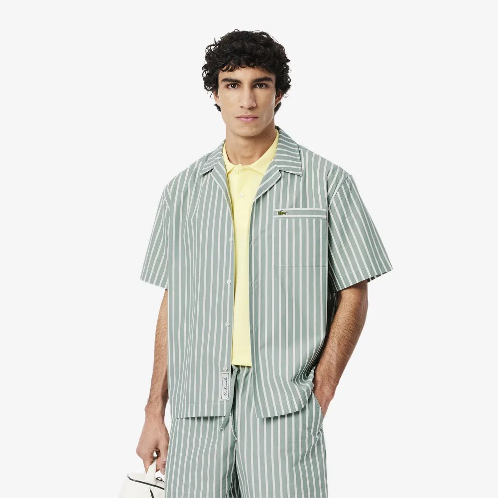 Рубашка мужская Lacoste гавайская в полоску с коротким рукавом, хлопок и лиоцелл, зеленый