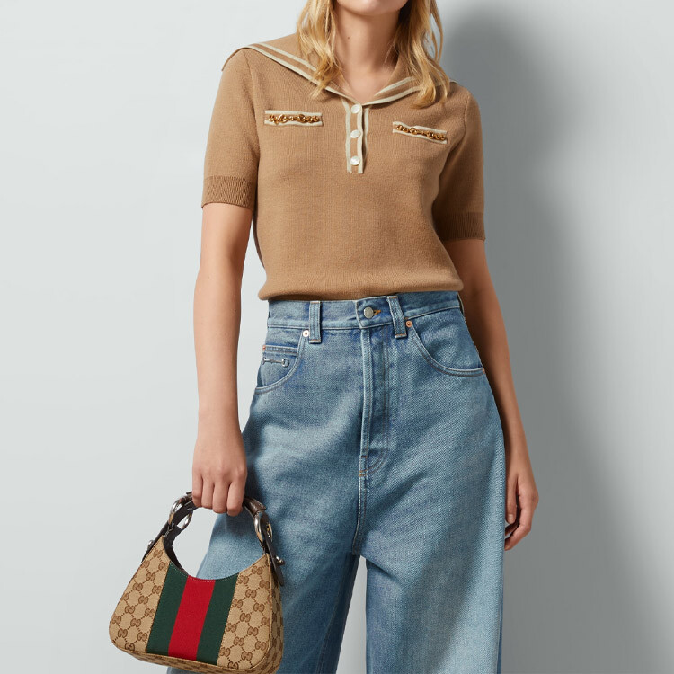 Футболка-поло женская Gucci с мини-цепочками, коричневый — фото 2