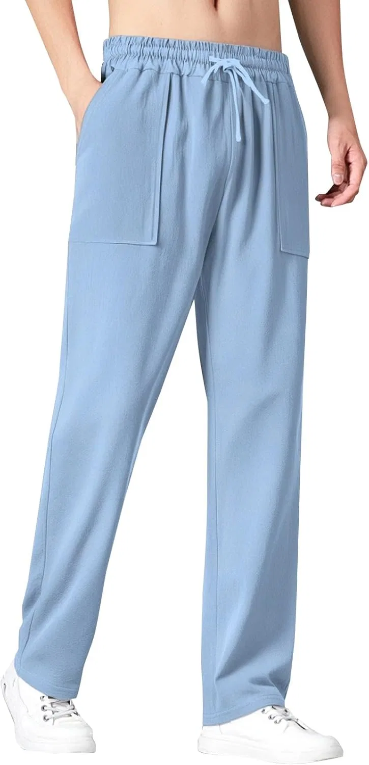 Брюки мужские свободные с эластичным поясом, Cotton Linen, Light Blue