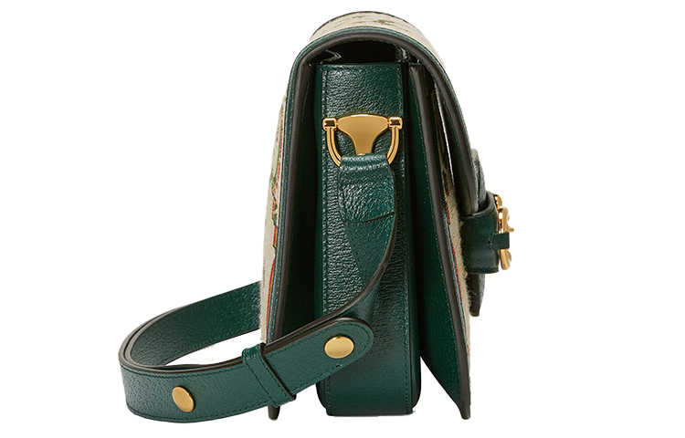 GUCCI Horsebit 1955 Jacquard с кожаной седельной сумкой, плечевая сумка, кросс-боди маленькая унисекс бежевый/зеленый — фото 3