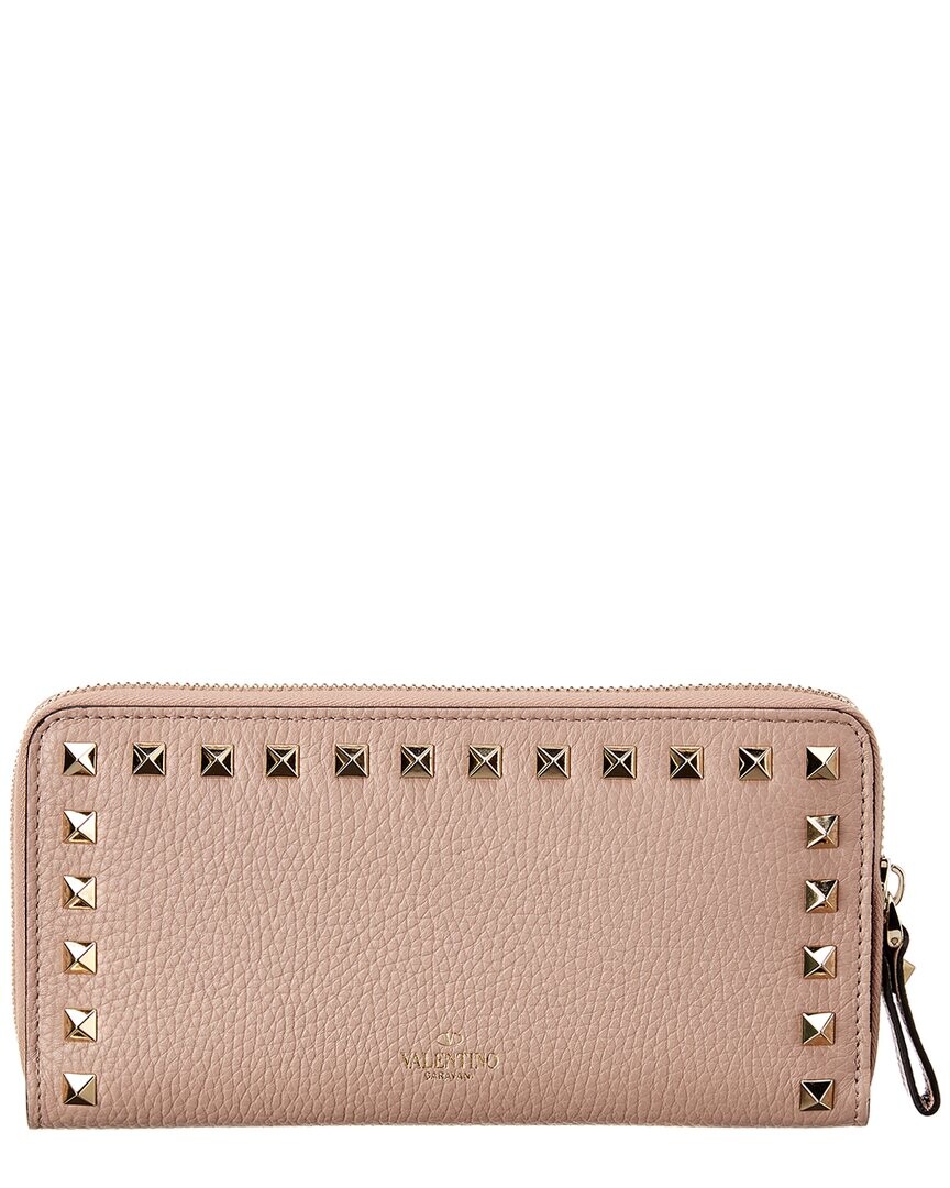 

Кошелек Valentino Rockstud из зернистой кожи на молнии по кругу, розовый