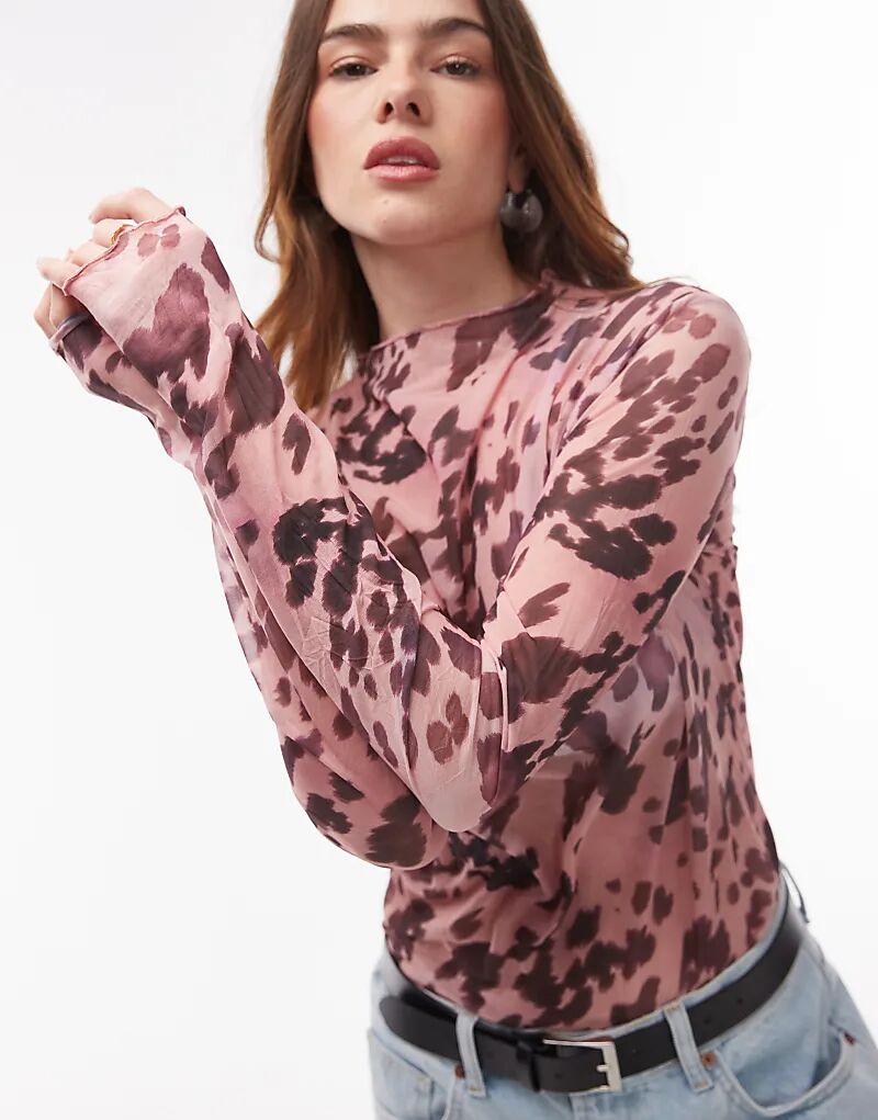 

Топ с длинными рукавами и леопардовым принтом в розовом цвете Topshop
