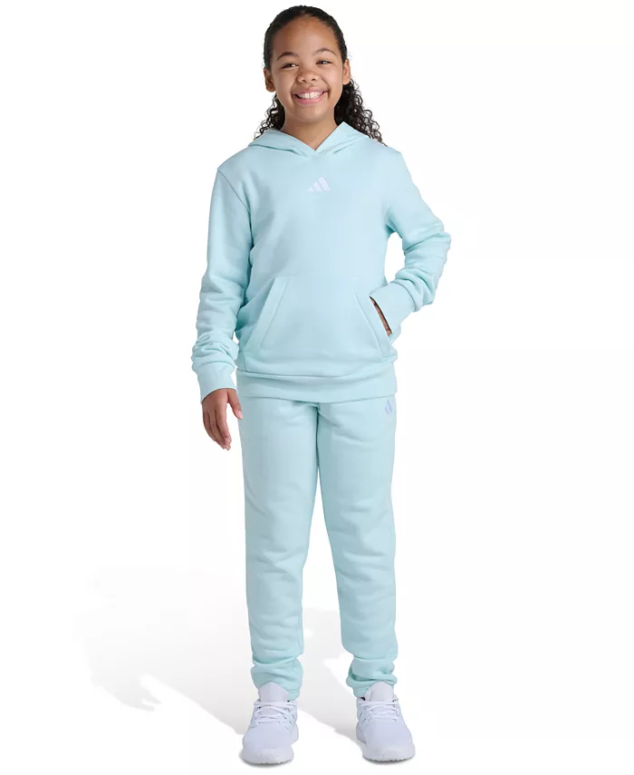 

Большие девочки 8-16 двухсоставной комплект с длинным рукавом флисовая худи с маленьким логотипом и джоггеры Adidas, синий