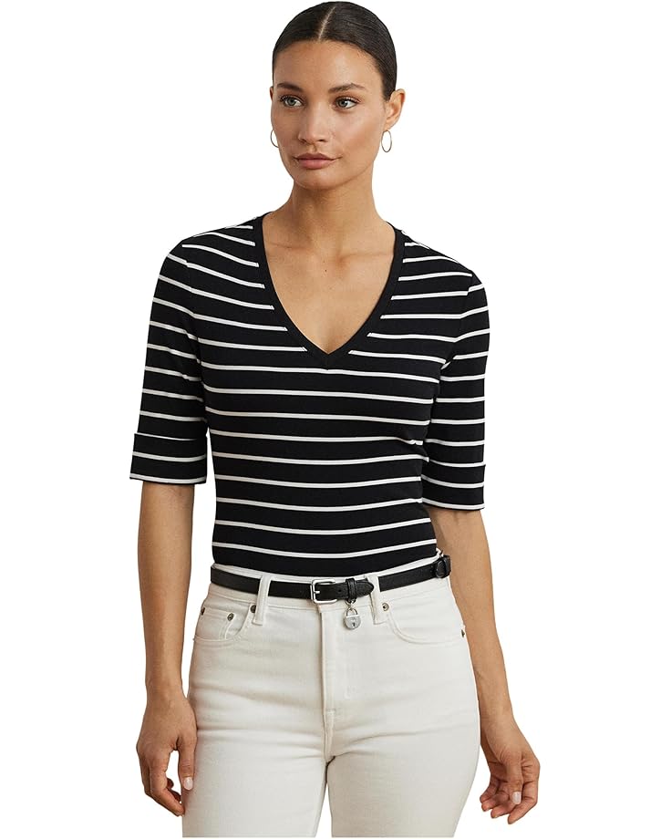 

Футболка Lauren Ralph Lauren Petite Striped Cotton Elbow-sleeve V-neck Tee, черный/белый