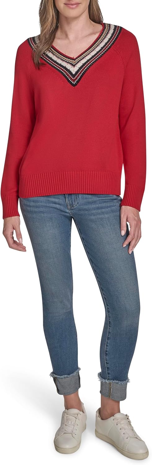 Женский однотонный свитер Tommy Hilfiger с V-образным вырезом и отделкой, Scarlet — фото 2