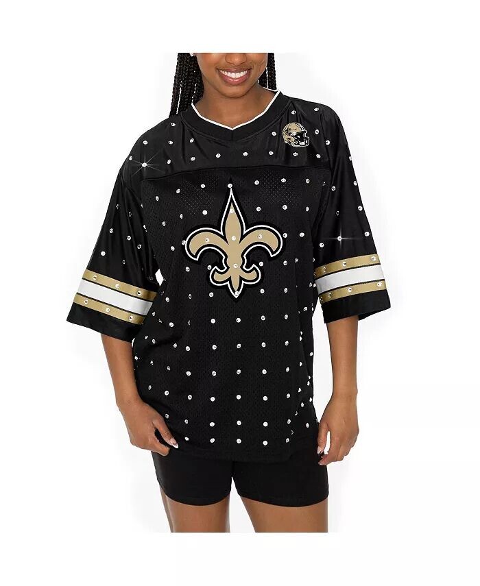 

Женская черная футболка New Orleans Saints Kickoff Time Allover Rhinestone Sports Striped Jersey с V-образным вырезом Gameday Couture