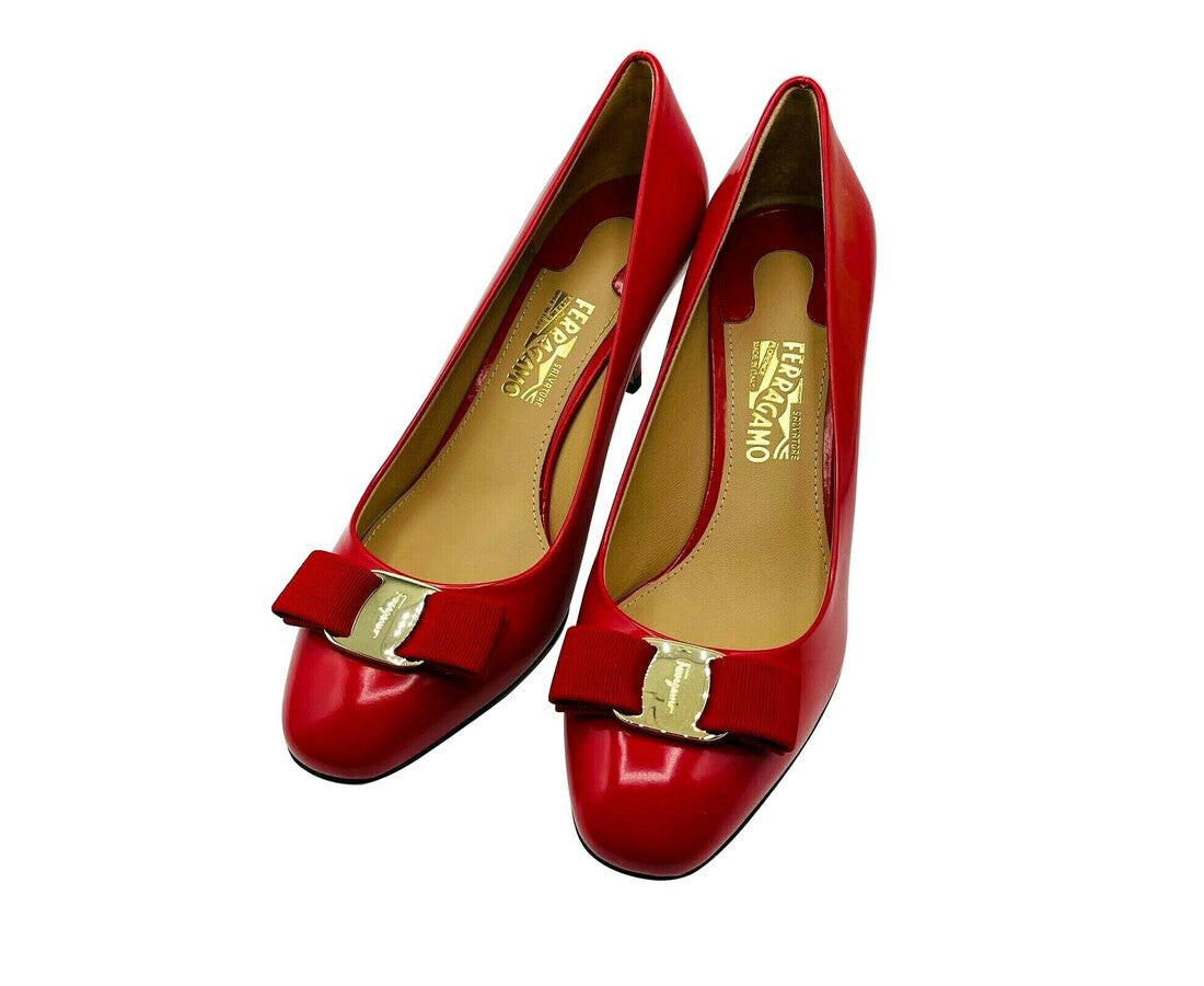 Salvatore Ferragamo Женские кожаные туфли на каблуке с бантом, красный — фото 4