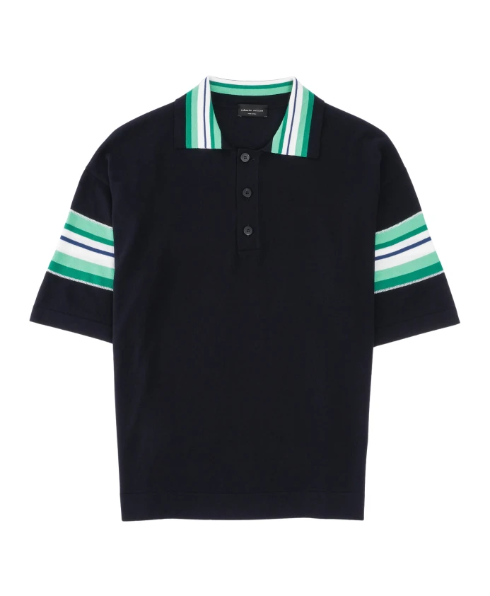 

Темно-Синяя рубашка-поло с зелеными полосками Roberto Collina, синий