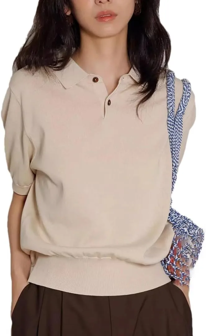 

Женская поло из ледяного шелка с коротким рукавом и французским лацканом Kelsiop