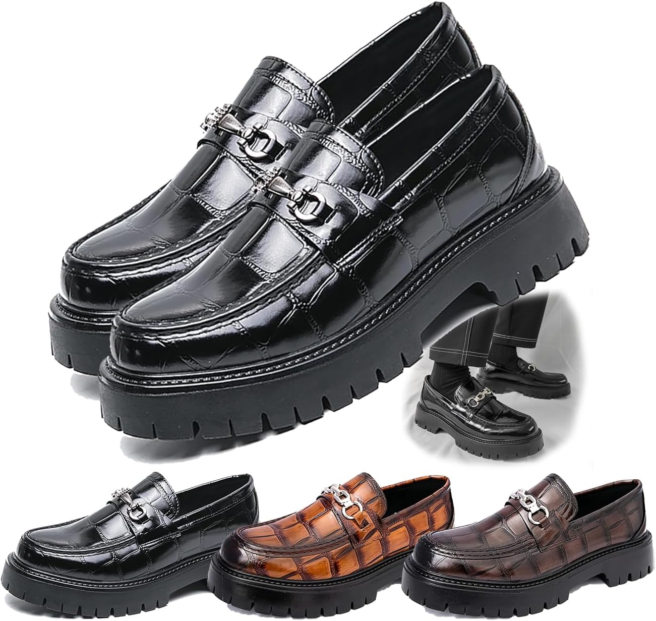 

Мужские кожаные слипоны с принтом на платформе, пенни-лоферы с круглым носком и металлическим декором, противоскользящие, стильные текстурированные туфли для вечеринок и свадеб Generic, черный
