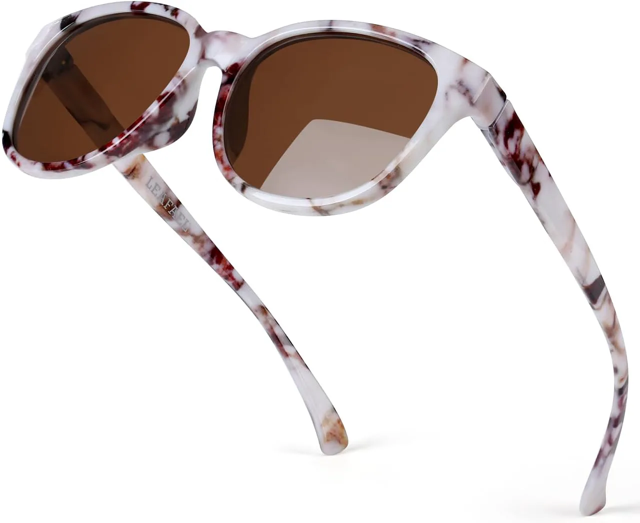 

Женские поляризованные солнцезащитные очки, оправа с принтом белого мрамора и коричневые линзы, защита UV400, модный винтажный дизайн для путешествий Leafael, White