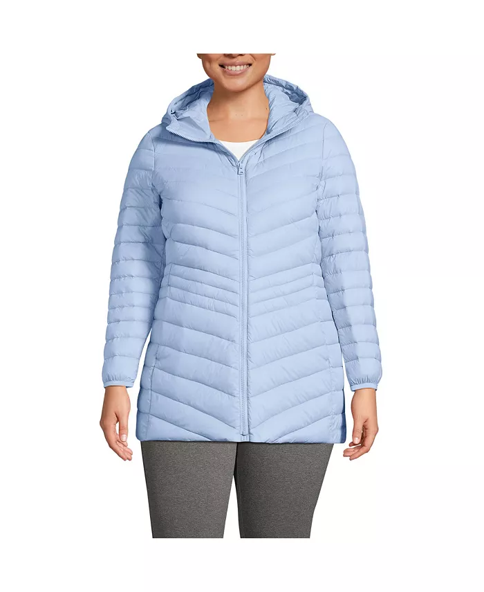 

Длинная куртка-пуховик с капюшоном больших размеров Wanderweight Packable Lands' End, синий