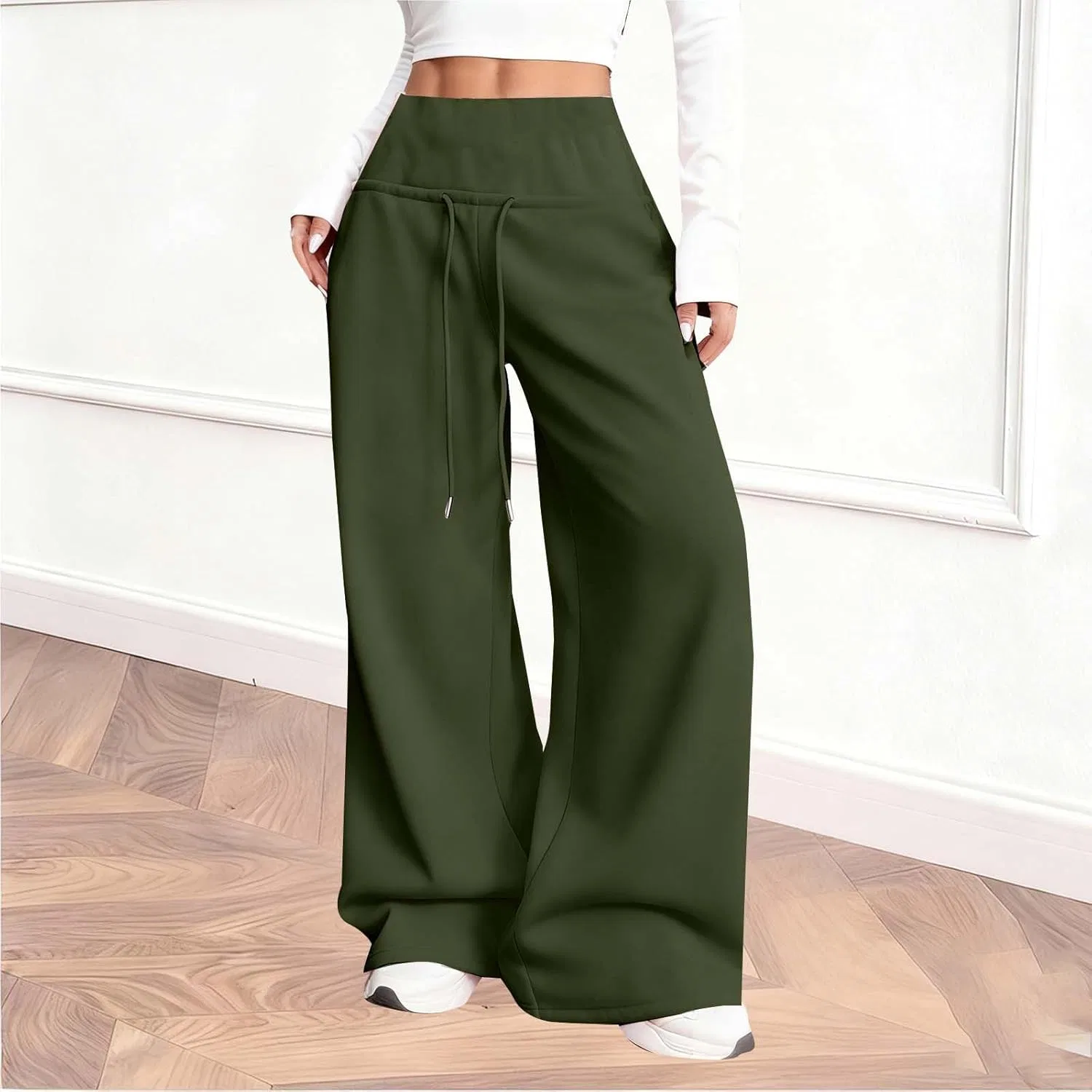 Женские широкие штаны для йоги в стиле casual, модные спортивные брюки с высокой талией, удобные свободные палаццо с карманами Generic, зеленый — фото 2