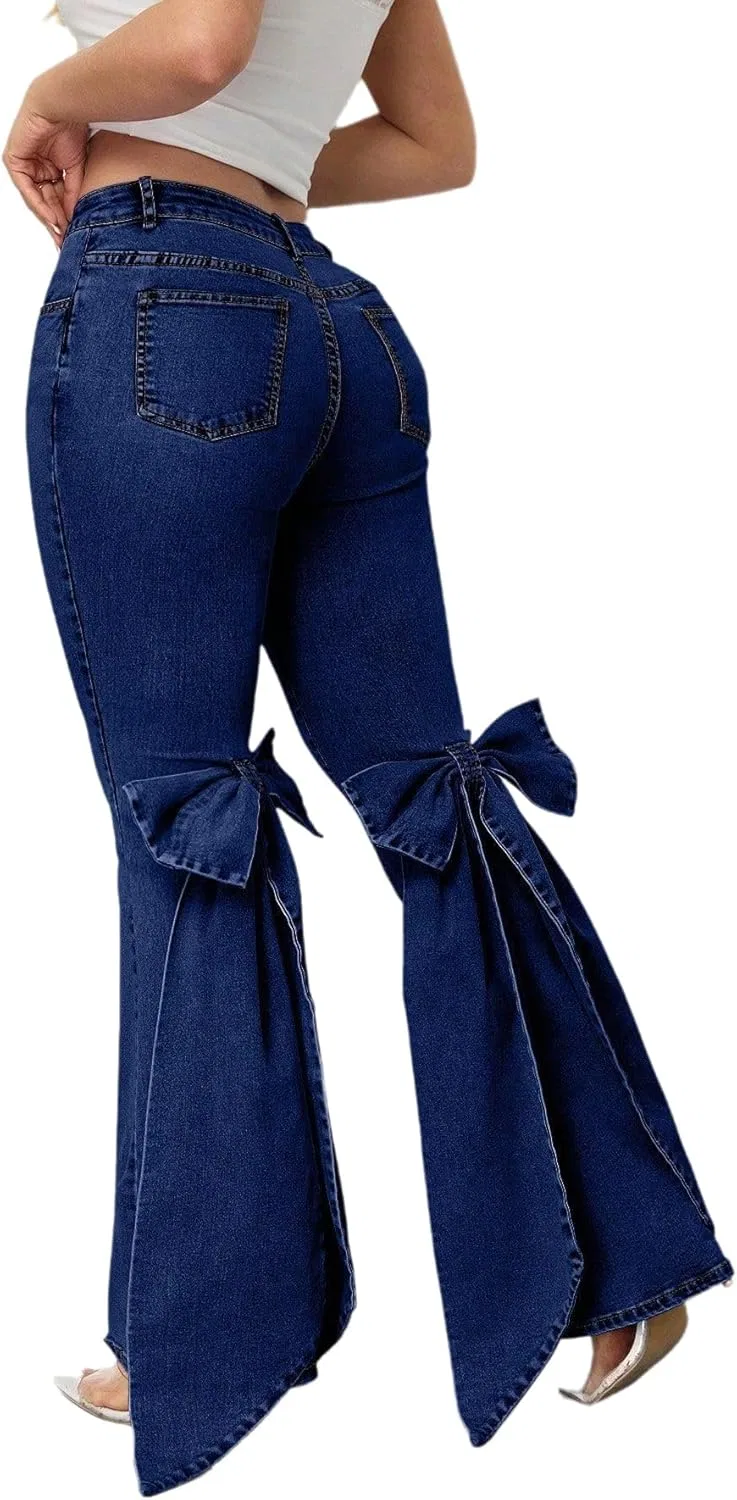 Джинсы клеш с бантом, Dark Blue