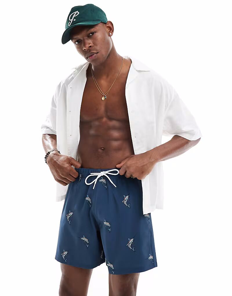 

Шорты для плавания Hollister длиной 8 дюймов с контрастными полосками и принтом синих рыб