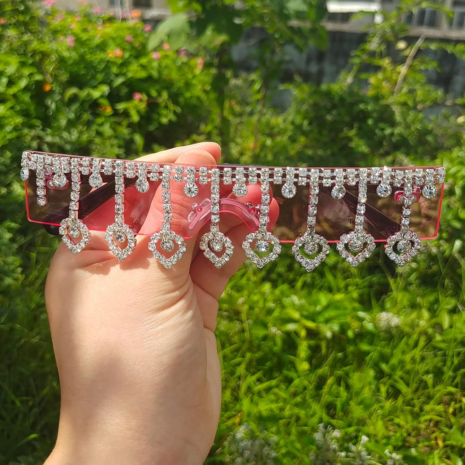 

Солнцезащитные очки Willochra Tassel Square без оправы для мужчин и женщин, в стиле Y2K, диско-очки, большие цельные солнцезащитные очки со стразами, 2pcs-blue&pink