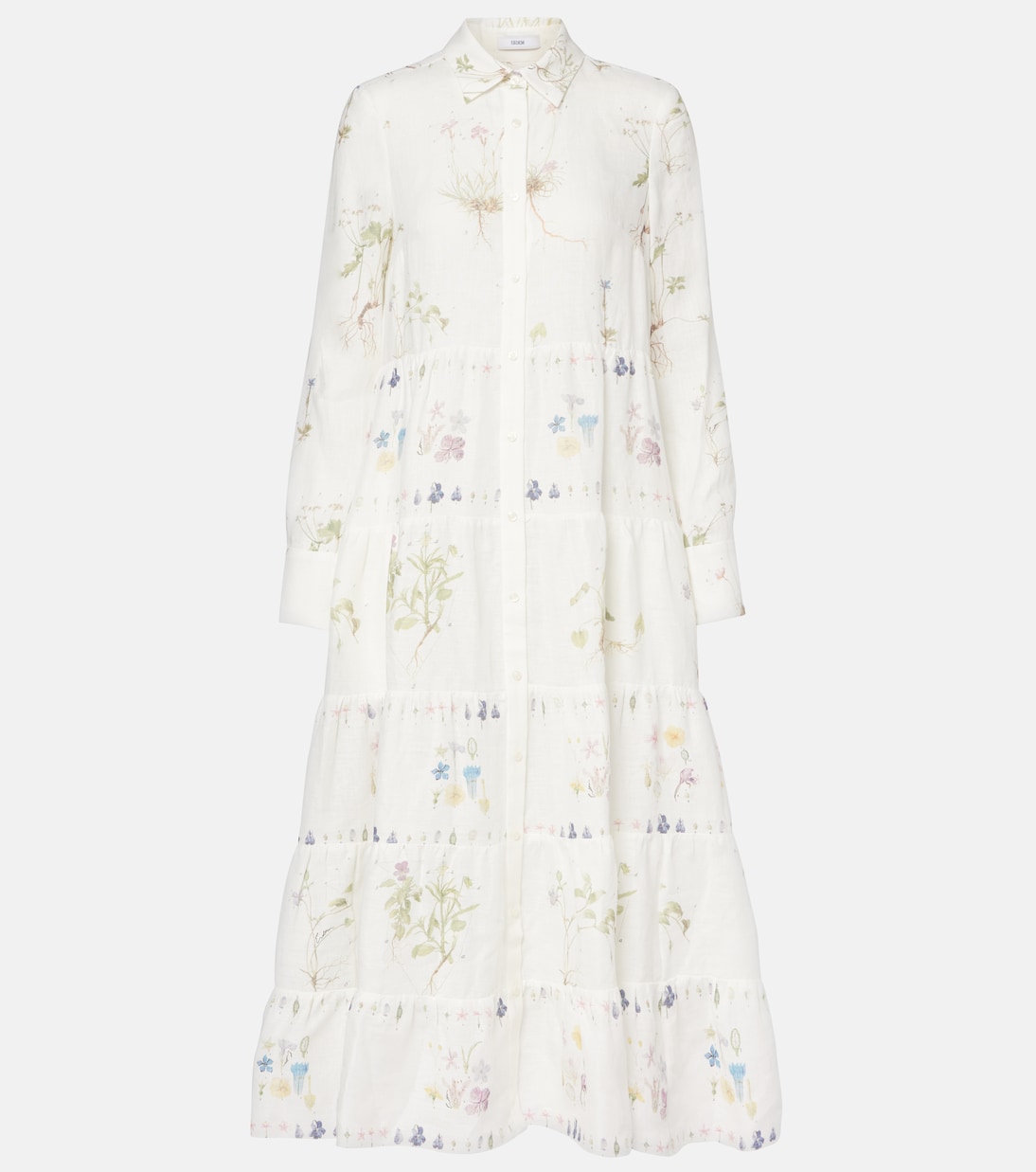 

Льняное платье-рубашка с цветочным принтом и ярусным кроем Erdem, Botanical Garden White