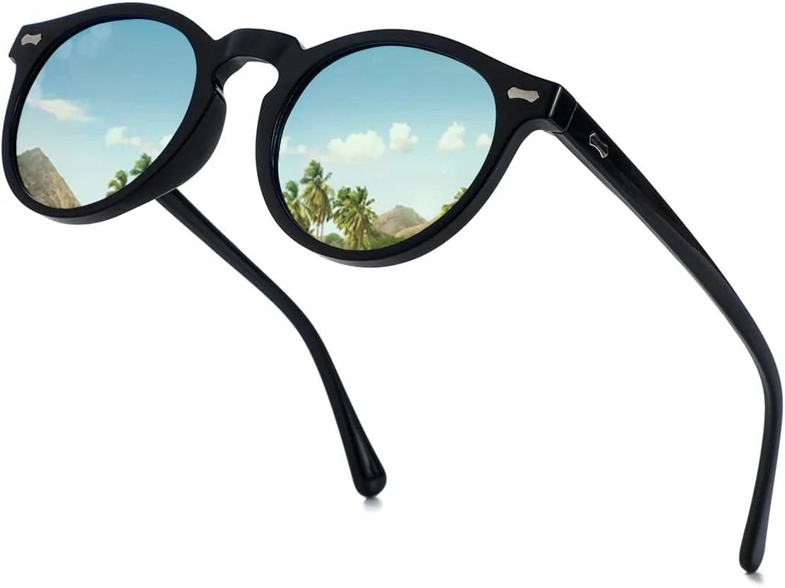 

Солнцезащитные очки Gleyemor Vintage Polarized для мужчин, круглые, с защитой UV400, в ретро-стиле, с оправой из ацетата ручной работы, Black Frame/Blue Mirror Lens