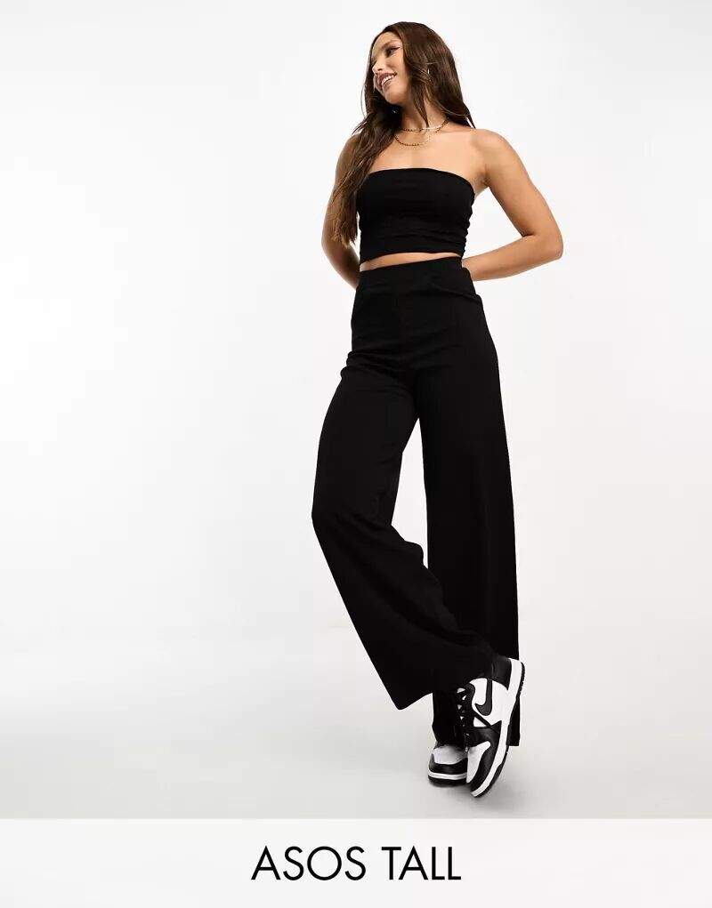 

Черные трикотажные широкие костюмные брюки ASOS Tall