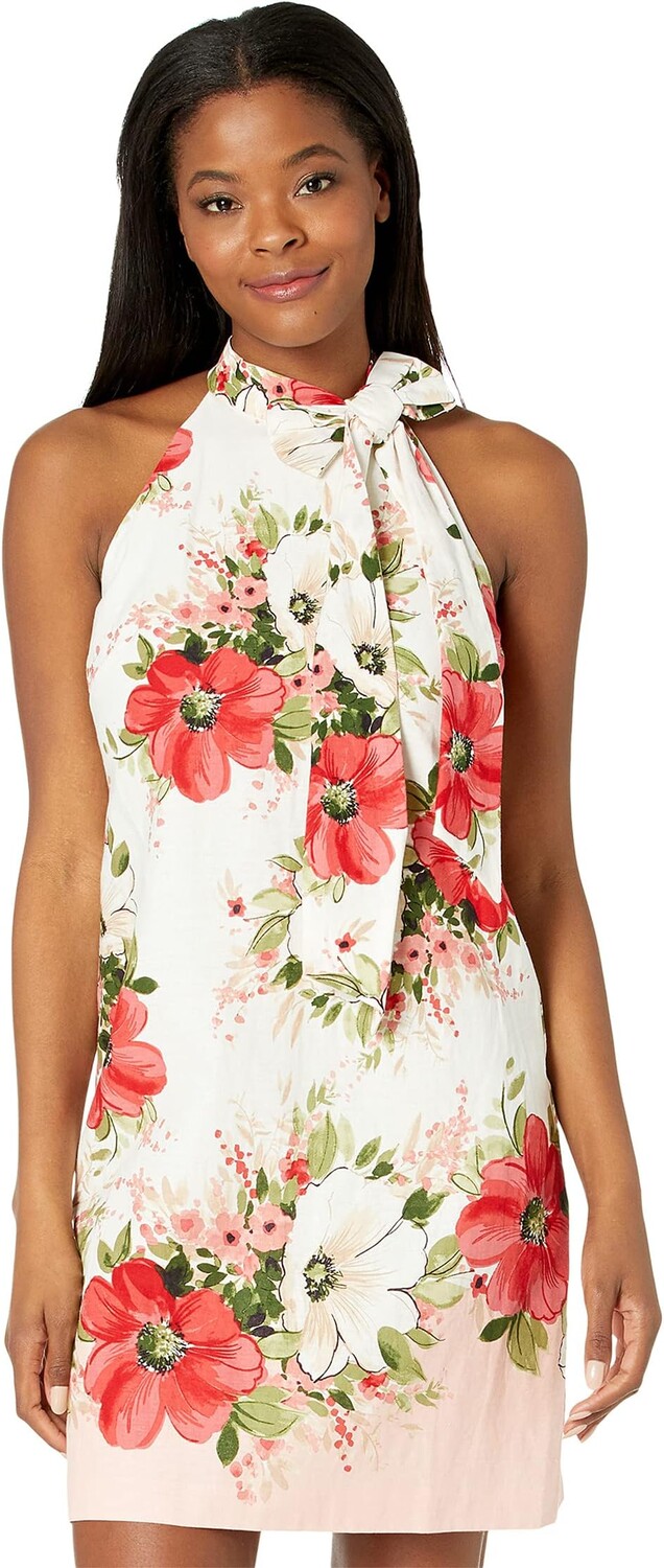 

Платье Vince Camuto Printed Linen Bow Neck Shift, цвет Blush