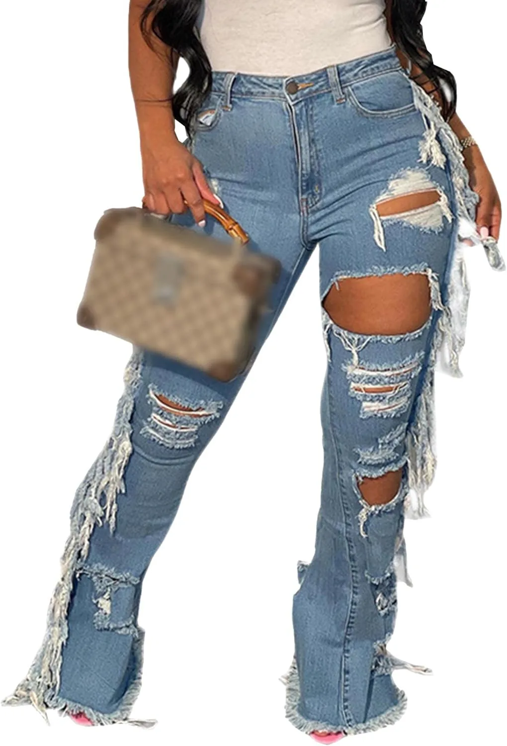 

SOMTHRON женские джинсы с бахромой и потертостями