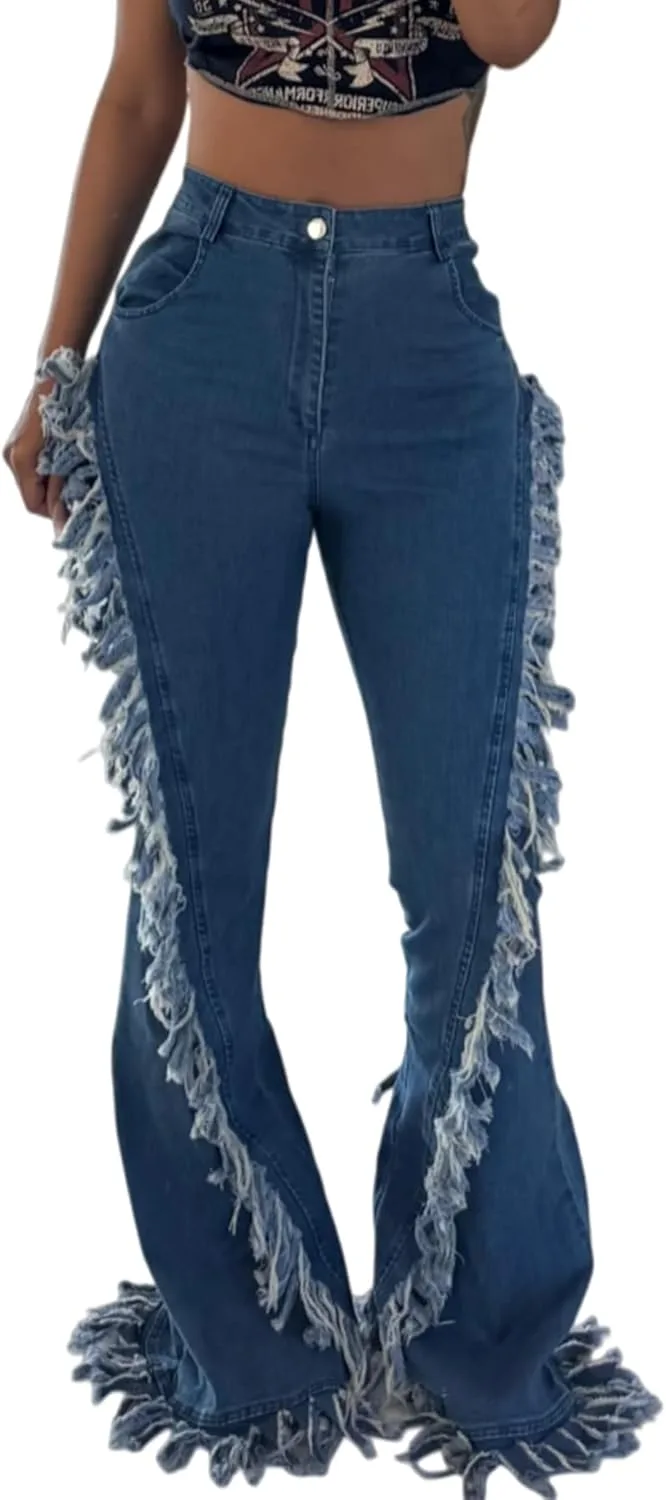 

Женские джинсы с высокой посадкой и бахромой по бокам Symina