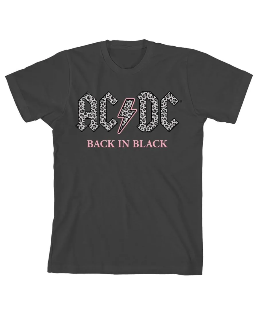AC/DC Girls Back In Black Gray Leopard Print Logo Crew Short Sleeve Black