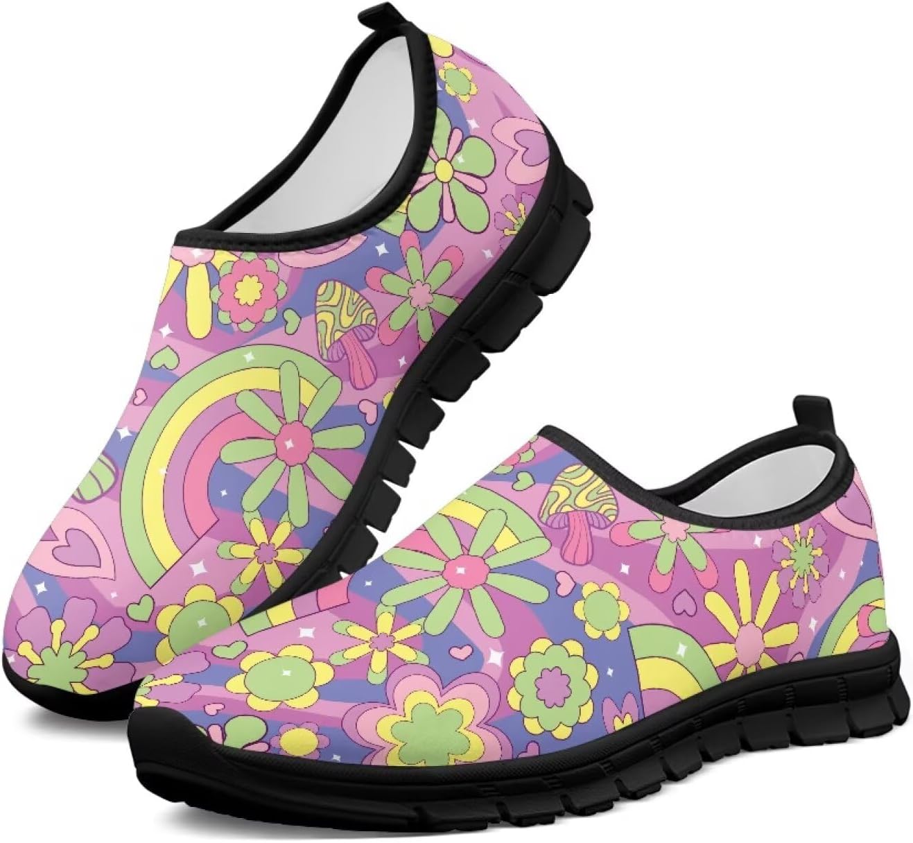 

Удобные слипоны для женщин, противоскользящие для ходьбы и бега, кроссовки с широкой носочной частью, размер США 5,5-13,5 Chririnla, Cute Hippie Flower