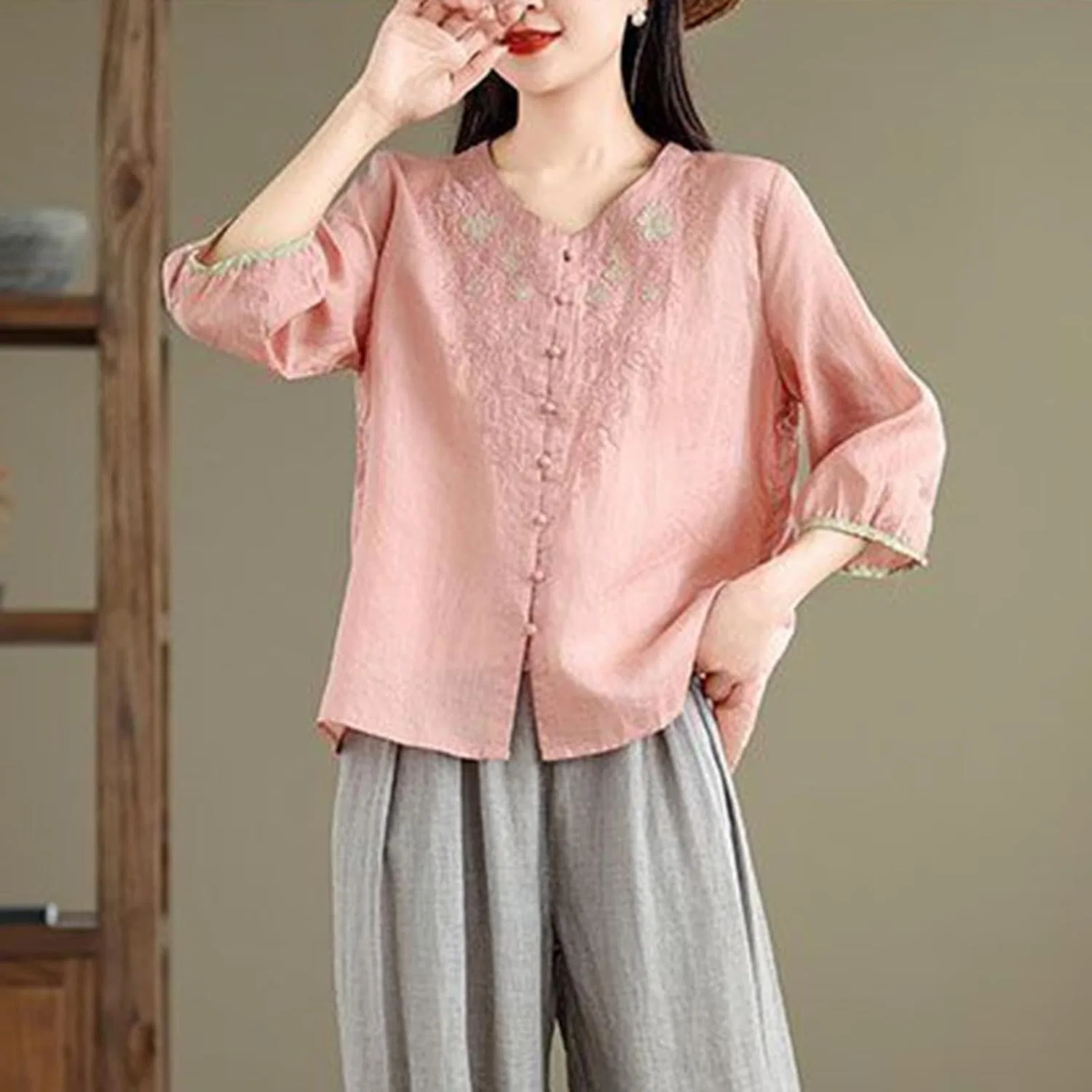 Блуза из хлопка и льна с вышивкой, полуприлегающая, розовый — фото 3