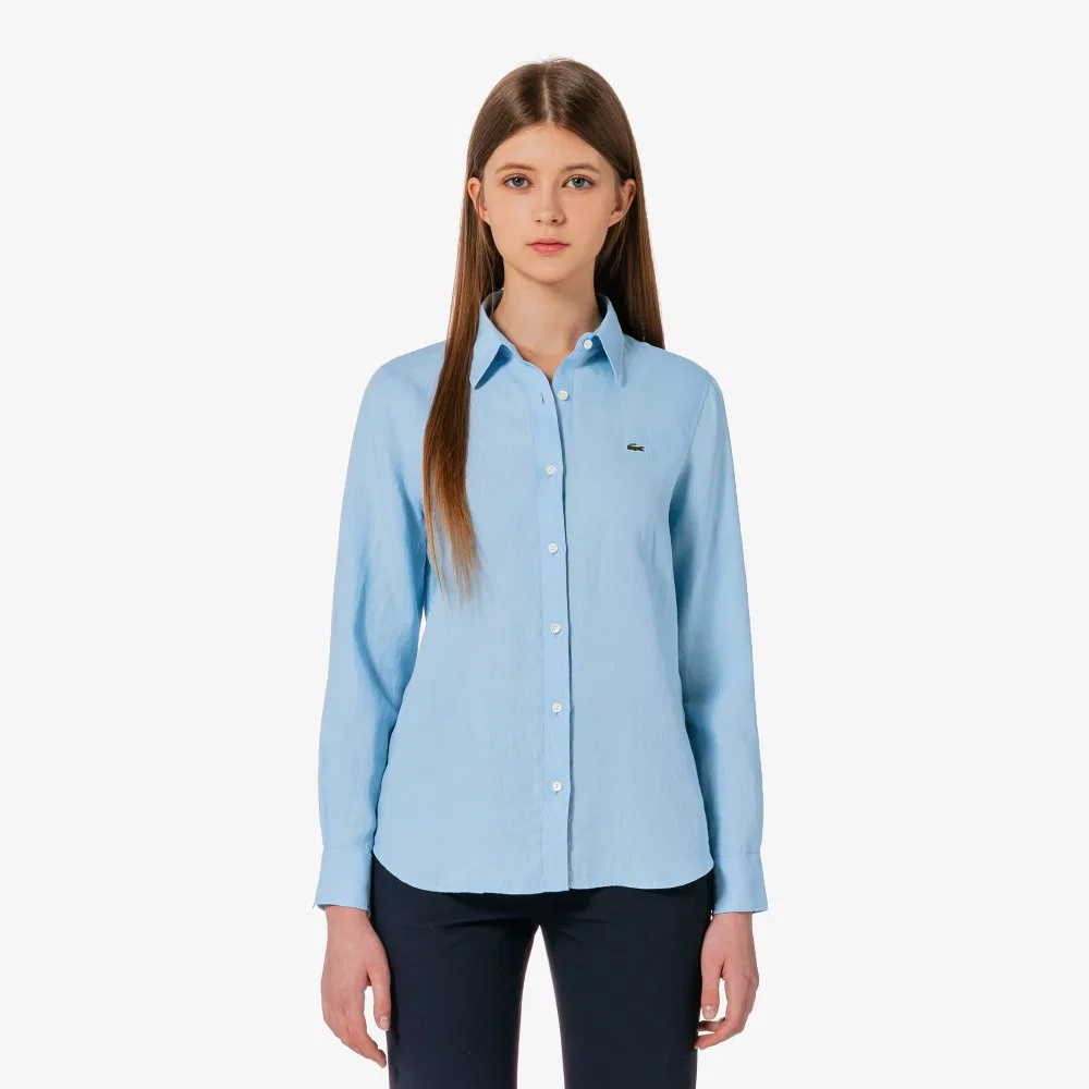 Рубашка Lacoste льняная Regular Fit голубая — фото 4