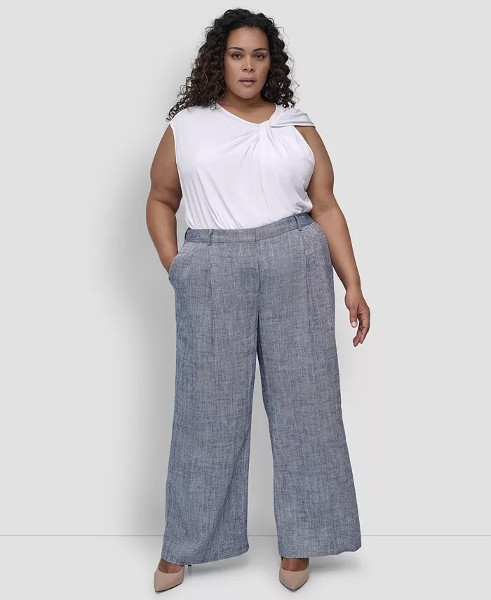 

Брюки Plus Size с высокой посадкой, застежкой на молнию спереди и широкими штанинами DKNY, синий