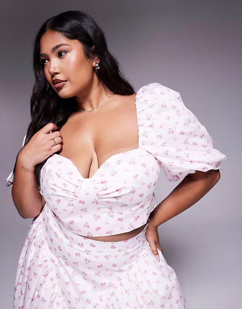 

Топ из хлопкового сатина ASOS LUXE Curve с объемными рукавами и мелким цветочным принтом